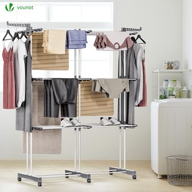 VOUNOT® Сушарка для білизни Турбо, висувна, компактна, для дому та вулиці, з розкладними крилами, телескопічною штангою та 6 роликами, 40м довжини сушіння, 3 яруси, біла