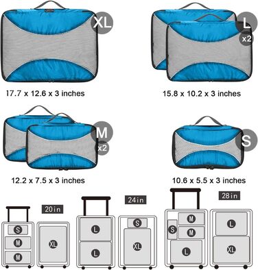 Органайзери для валізи G4Free (набір) - 3/6/7 шт. - блакитний колір (1S + 2M + 2L + 1XL)