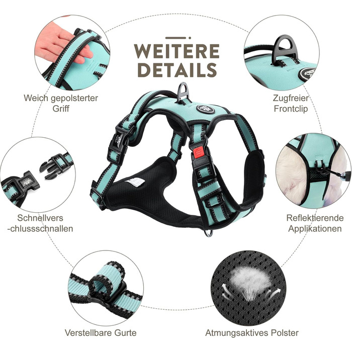 Нашийник від тягнення для собак Furryfection, для цуценят та маленьких собак, безпечний, відбиваючий, для дресирування, (Турквіс, M)