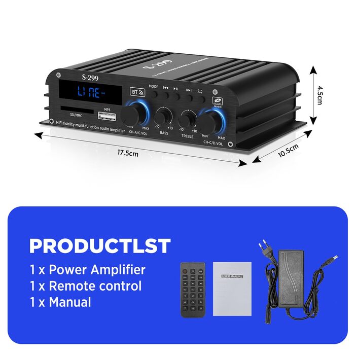 4.1-канальний підсилювач 1600W, Bluetooth 5.0, HiFi міні підсилювач для домашніх колонок 40Вт x4 + активний сабвуфер, USB/TF, MP3, пульт, 110-240V/12V, S299