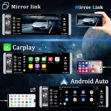 Автомагнітола CAMECHO 1 DIN з CarPlay, 5,1