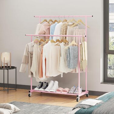 Мобильна вішалка для одягу Calmootey з подвійною перекладиною, біла (рожева)