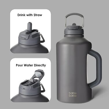BOTTLE BOTTLE Insulated Water Bottle with Straw and Double Lid, Stainless Steel Sports Water Bottle for Men, with Handle, Vacuum Stainless Steel, for Workout and Sports, 1.8L (Gray)