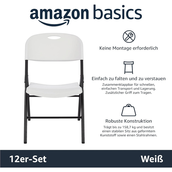 Amazon Basics Folding Chairs, Plastic and Metal, 4-Pack, Camping Chair, Kitchen Chair, Indoor and Outdoor, Up to 158 kg, 4 Pieces (2 Pieces, White)