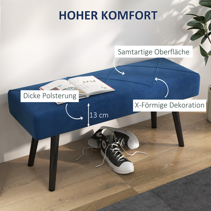 HOMCOM Upholstered Bench, Bed Bench, Entryway Bench with X-Pattern, Velvet-Look, Holds up to 120 kg, for Bedroom, 100 x 36 x 45 cm, Blue | Aosom