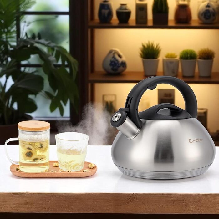 Електричний чайник EliteHoff 3L з нержавіючої сталі з автоматичним свистком, срібного кольору, для індукційних плит (E-5114)