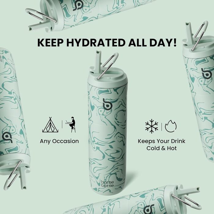 BOTTLE BOTTLE Insulated Stainless Steel Water Bottle 750 ml with Straw, Lid & Handle – Leak-Proof, BPA-Free, Double-Walled – Ideal Water Bottle for Sports, Travel & Fitness (Green) (Green Mountain Pattern)