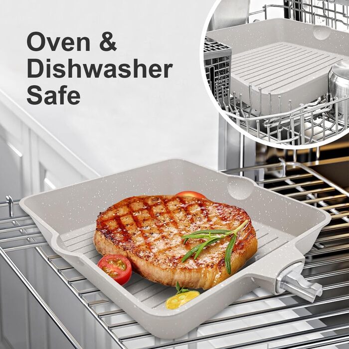 Сковорідка гриль 24x24 см з знімною ручкою, алюмінієва антипригарна сковорода для стейків, підходить для посудомийної машини та духовки (біла) 24 см