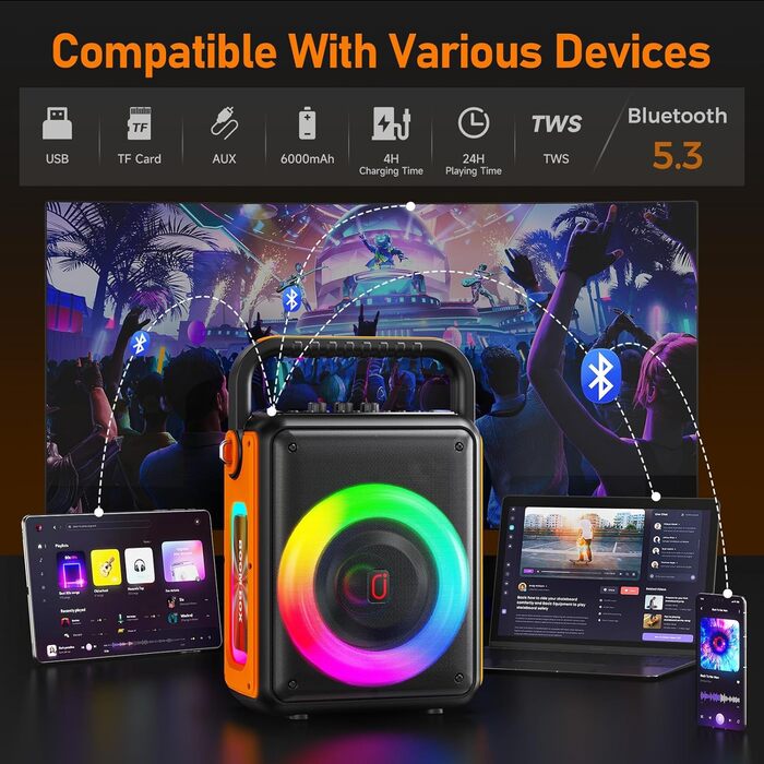 Караоке Машина з 2 Бездротовими Мікрофонами для Дорослих, Портативна Bluetooth Колонка з RGB-підсвіткою, Partybox, Підтримка TF/USB, AUX, Rec, TWS S65