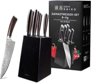 Набір кухонних ножів BEM Master Chef 6 шт. з підставкою: кухонний, овочевий, хлібний, універсальний ножі + точилка (дамаст)