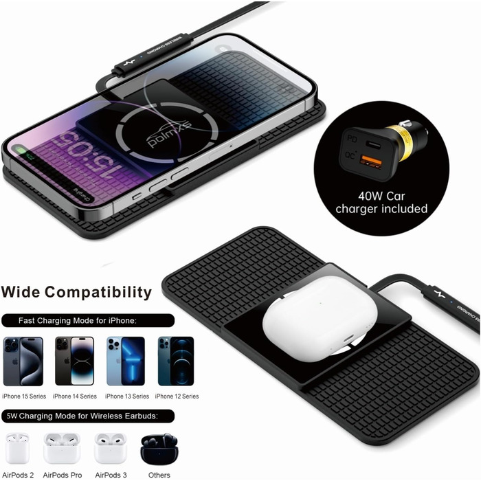 Автомобільне зарядне пристрій MagSafe Pad Polmxs: Швидка зарядка 15W, бездротова зарядка, 40W адаптер, кабель 30см, сумісність з iPhone 17/16/15/14/13/12