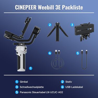 ZHIYUN Weebill 3E Gimbal - Стабілізатор для DSLR та бездзеркальних камер, 3-осьовий, 3кг вантажопідйомність, вертикальна зйомка, Bluetooth, сірий