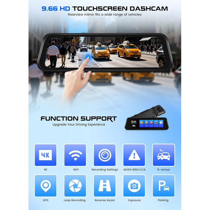Дзеркало заднього виду з відеореєстратором CAMECHO 2K Full HD, 9.66