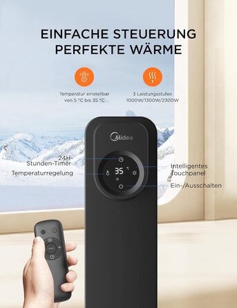 Електричний масляний радіатор Midea 2000W з 9 ребрами, термостатом та захистом від перегріву, тихий нагрівач для дому та офісу, чорний