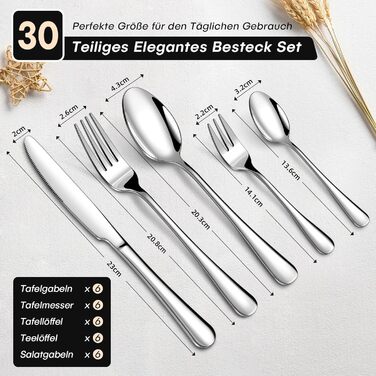 Набір столових приборів на 6 осіб, 30 предметів: виделки, ложки, ножі, нержавіюча сталь, дзеркальне полірування, для посудомийної машини