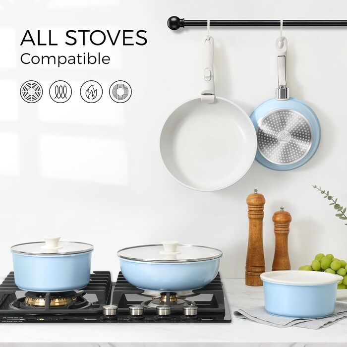 Набір посуду 15 предметів, антипригарне покриття, знімні ручки, посуд для кемпінгу, сумісний з індукцією, блакитний