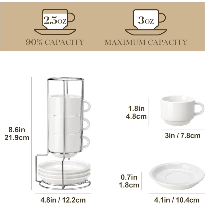 Набір чашок еспресо MALACASA 4 шт., 75 мл, з підставками та стійкою, біле порцелянове виробництво Італії, сумісні з посудомийною машиною, серія Regular 75 мл