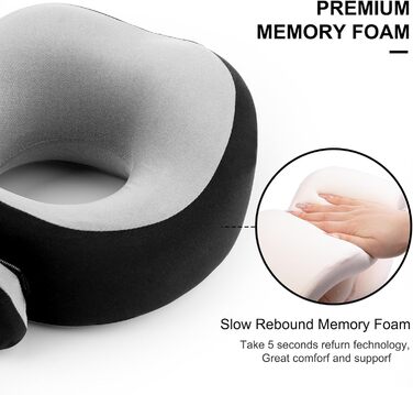 Подушка для шиї Gemice для подорожей та літака, з кріпленням на липучці, з піною пам'яті, для дорослих, чорна