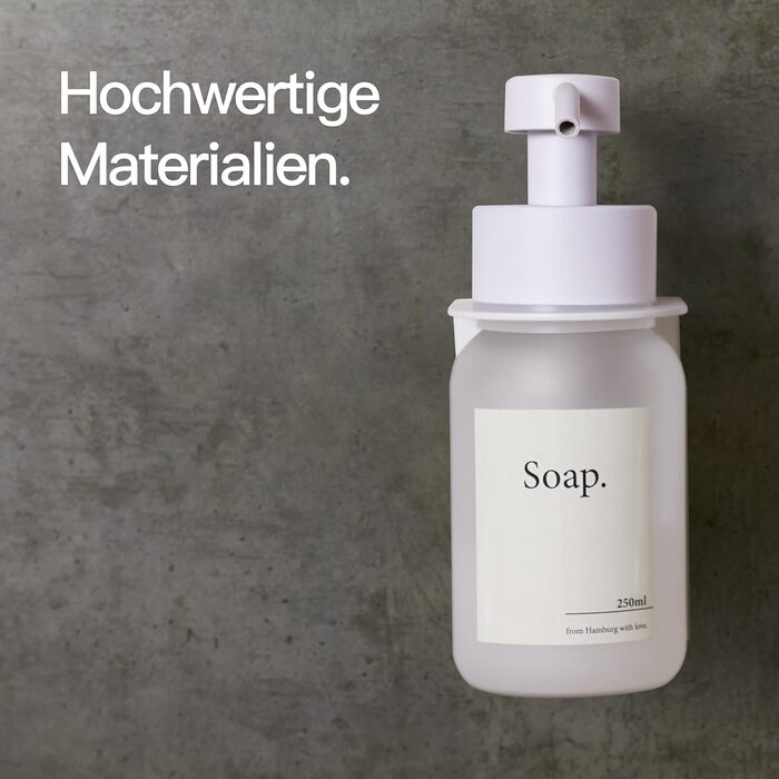 Designfabrik Hamburg | Adhesive Wall-Mounted Glass Soap Dispenser | Stainless Steel Pump Dispenser for Liquid Soap | Dish Soap Dispenser No Drilling Required | With Wall Holder | White/Frost