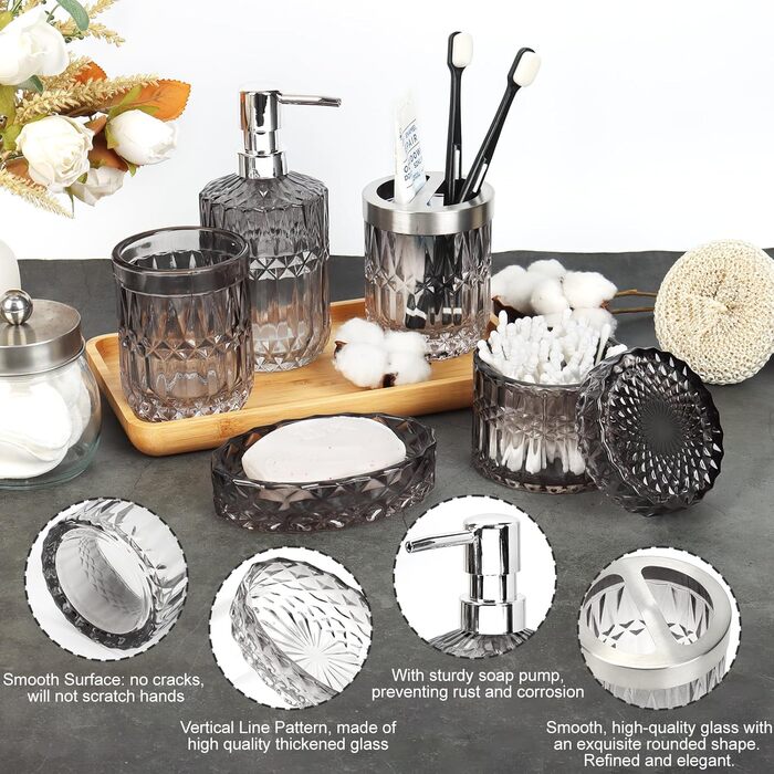 Набір аксесуарів для ванної кімнати зі скла: мильниця, дозатор мила, тримач для зубних щіток, стаканчик та контейнер для ватних паличок. Сучасний дизайн, градієнт, чорний та прозорий колір. Організатор для ванної кімнати.