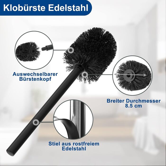 Stainless Steel Toilet Paper Holder with Brush and Wipes Box - Standing Toilet Paper Dispenser with WC Brush and Cover - Black Finish