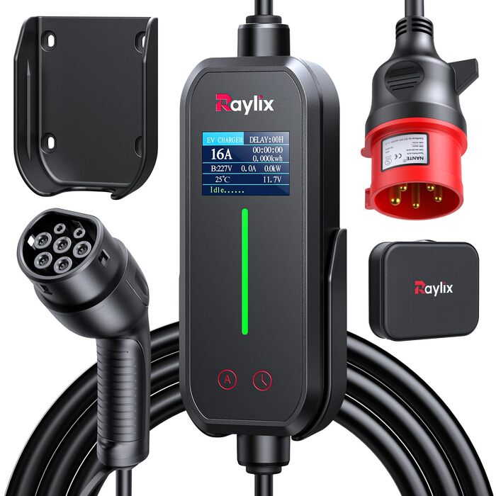 Raylix 2026 Neu 11kW Wallbox мобільна Type 2 з кабелем (8A-16A, 3 фази) + лічильник, регулювання струму, відкладений старт + кабель CEE 16A - Type 2, 5м