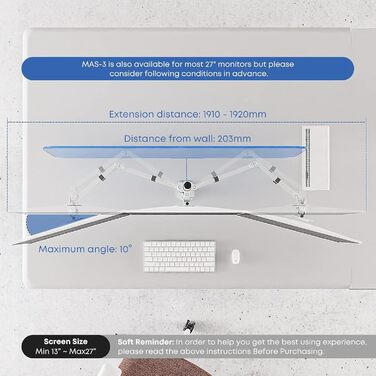 Підставка для монітора PUTORSEN на 3 монітори - сумісна з LCD/LED телевізорами 13'-27' (33-68см), вантажопідйомність 7 кг на монітор, регулювання на 180°, поворот 360°, регулювання висоти, білий колір