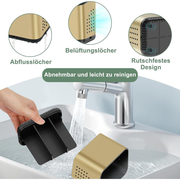 Тримач для зубних щіток електричної та звичайної, дерев'яний, з дренажними отворами, на 4 щітки, для ванної кімнати (Чорне золото, середній)