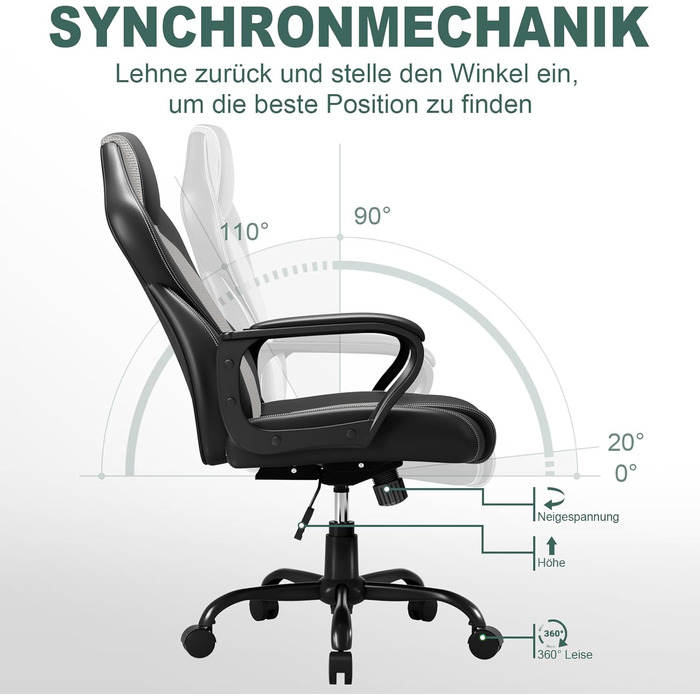 Офісне крісло BASETBL для роботи та ігор, 150 кг, ергономічне, з PU шкірою, регульовані підлокітники, функція гойдання (сірий)