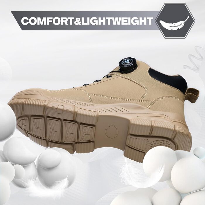 Черевики безпеки чоловічі/жіночі: легкі, водонепроникні робочі черевики з металевим капом та поворотним затвором (43 EU, Коричневий)