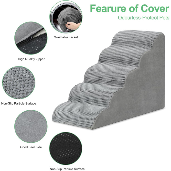 LIANTRAL Dog Stairs, 3 Steps Dog Staircase for Bed and Sofa, Made of High-Density Sponge, Cat Stairs Dog Ramp with Removable, Washable Cover and Pet Hair Remover Roller, 40 cm High (5 Steps Grey)
