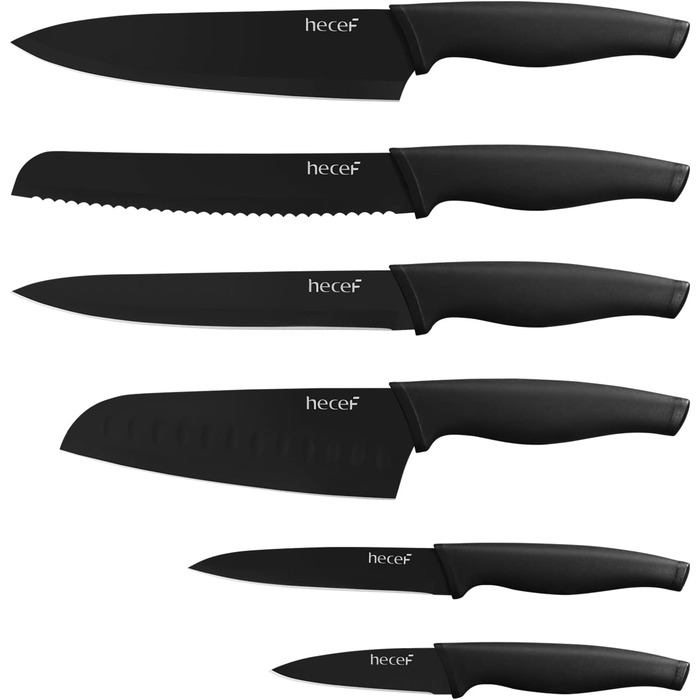 Набір ножів Hecef 6 шт. з захисними піхвами, чорний оксидований, стійкий до подряпин та іржі, антипригарне покриття