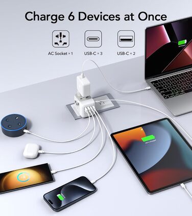 Зарядний пристрій USB C 65W, 3 порти, з кабелем 2м, для MacBook, iPhone, Switch, Galaxy, Tablet, Laptop