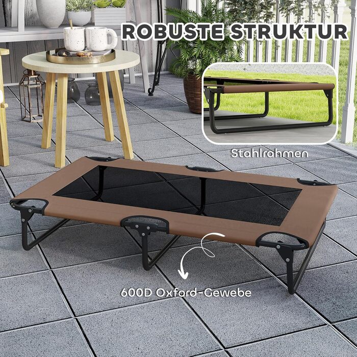 PawHut Лежанка для собак на вулицю, піднята лежанка для великих собак, складана лежанка для тварин з сітчастою рамою зі сталі, лежанка для тварин для вулиці, кемпінгу, 107x61x20 см, Кофе