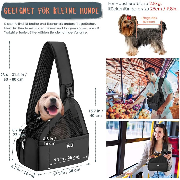 Dog-friendly sling carriers, hands-free travel bag for small pets with adjustable straps, hardboard base, safety belt, for dogs up to 2.8kg, widened version (M+ (For short-legged pets under 2.8kg), Black)