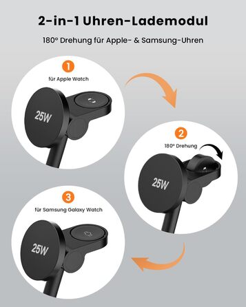 Зарядна станція JoyGeek 3-в-1 MagSafe 25W для iPhone 17/16, Apple Watch, Samsung Watch та AirPods з адаптером 45W (Чорний матовий)