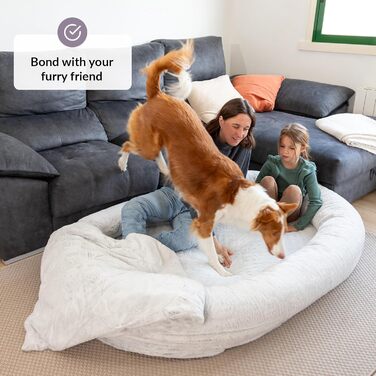 Dog Bed for Humans & Dogs | Huge Human Dog Bed for People | Warm & Comfortable Beanbag Bed | Dog Bed for People & Pets in Human Size | Blanket Included & Removable Cover | Grey (Light Grey)