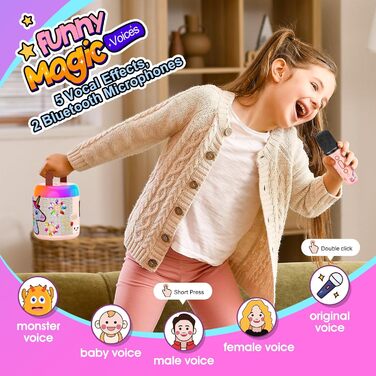 Караоке машина для дітей з 2 мікрофонами, рожева, єдиноріг, 3-12 років