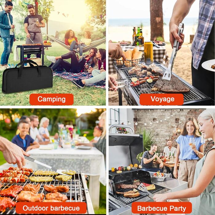 Набір аксесуарів для гриля NXPZ з нержавіючої сталі, 27 предметів. Професійний набір для гриля, з сумкою для зберігання. Для кемпінгу, пікніків, саду та походів.