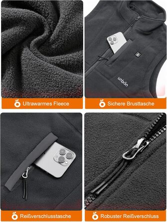 UNBON Гріюча жилетка з флісу, чоловіча жилетка з підігрівом, жилетка з Powerbank 10000mAh USB, 3 режими нагріву, 6 зон нагріву (M, сіра)