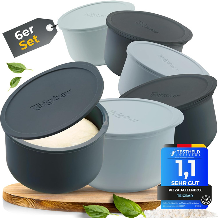 Pizza Ball Box with Lid, Set of 4 - Space-saving dough box made of non-stick silicone - Up to 350g pizza dough box - Proofing box, pizza accessory, pizza box - Black/Gray - Ø13cm (6 pieces black+gray)