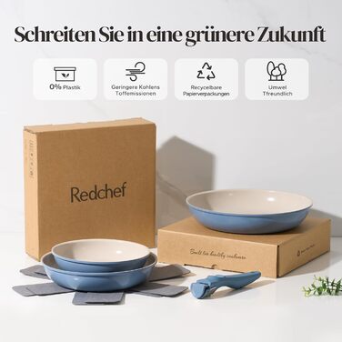Redchef Ceramic Nonstick Pan Set - 6 Piece Induction Cookware Set (20, 24, 28 cm) - Blue