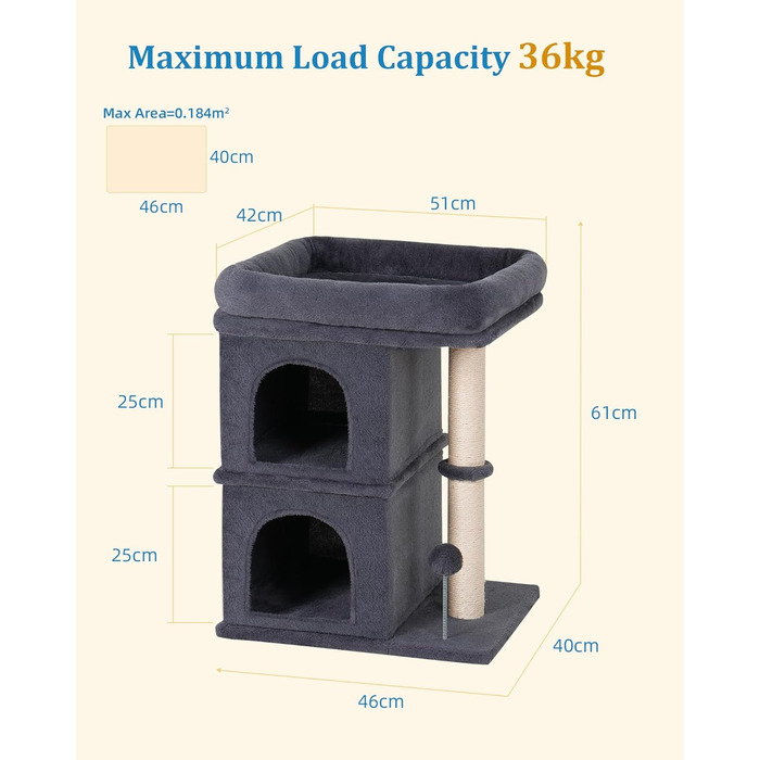 Драбина-будинок для великих котів, сірий. Місце для відпочинку 51x41 см, 2 котячі будиночки, підходить для дорослих котів