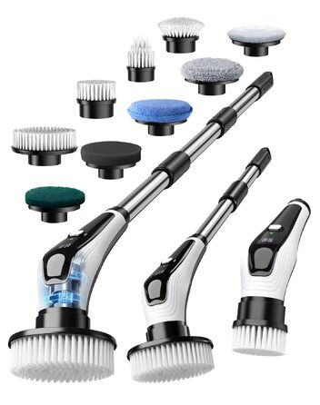 Електрична щітка для прибирання з 9 насадок, щітка для швів, водонепроникна IPX8, електричний скрубер з регульованою ручкою, 2 швидкості, для ванної кімнати, кухні, авто, підлоги, білий+чорний