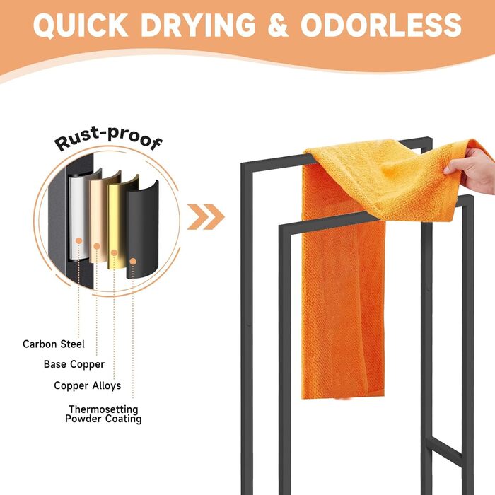 Підставка для рушників на підлозі, металева, з 2 перекладинами, чорна, для ванної кімнати, стабільна, економна