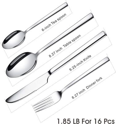 WUJO Cutlery Set, Stainless Steel Cutlery, 16-Piece Silver Cutlery Set including Knife, Fork, Spoon, Teaspoon, Dining Set for 4 People, Mirror Polished, Dishwasher Safe