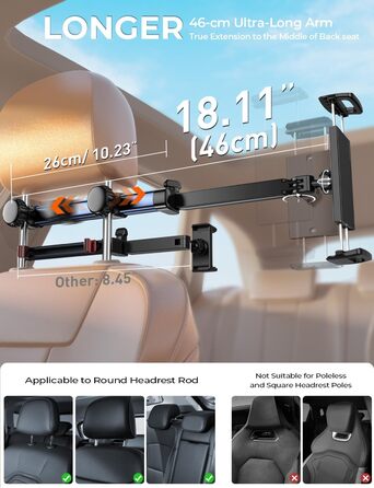 Тримач для планшету TRYONE в авто: кріплення на підголівник, 46 см, 3-в-1, для дітей, сумісний з iPad, Samsung Tab, Switch, телефонами (4.7-13 дюймів)