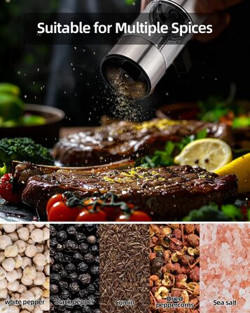 Електричний набір для солі та перцю з зарядною станцією, об'єм 110 мл, перезаряджувана солянка з 5 рівнями, керамічна млинка з щіткою (2 шт.)