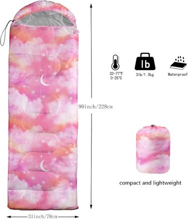 Сплячі мішки BailiPromise Pink Cloud - рожеві хмаринки, 3 сезони, для дорослих та дітей, водонепроникні, 31x90