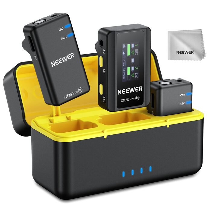 NEEWER CM28 Pro: Бездротове мікрофонний комплект (1RX+2TX) з кейсом для зарядки, 150м радіус дії, 48kHz/24Bit, шумозаглушення, сумісний з iPhone, iPad, Android, DJI, Insta360, PC, Mac